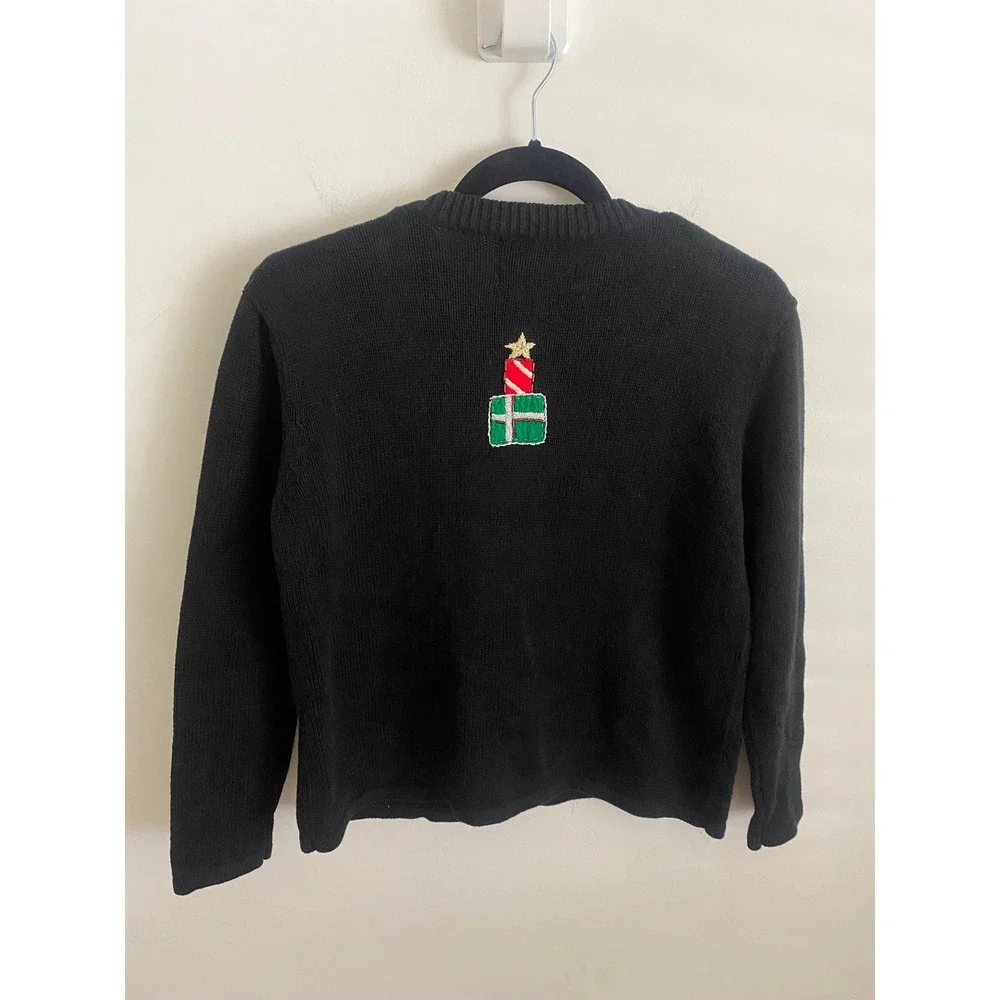 Tiara Petites Vintage Christmas Cardigan Full Zip Santa Presents‎ Sequin Sweater